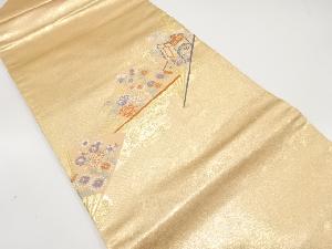 扇に御所車・菊・牡丹模様織り出し　名古屋帯